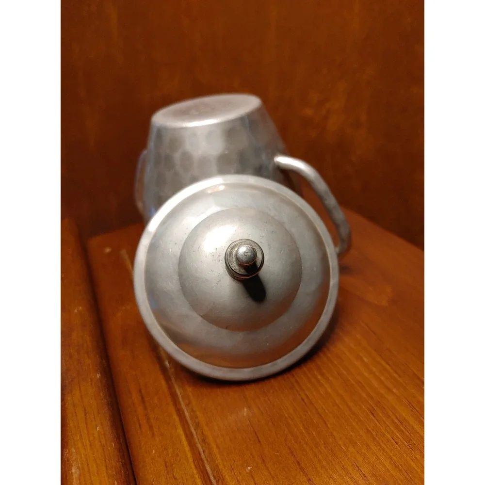 Vintage Mid Century Hammered Aluminum Sugar Bowl & Lid with Knob Handle Unique